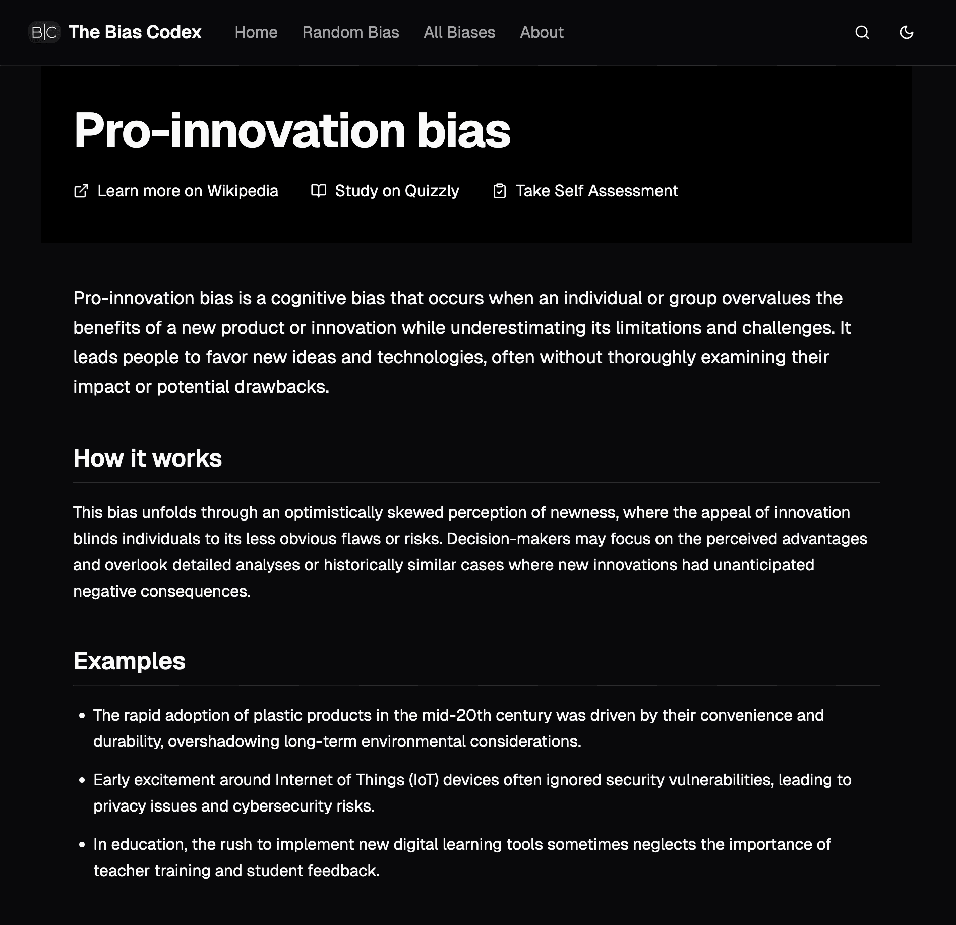 Screenshot of a Bias Codex article about Pro-innovation bias