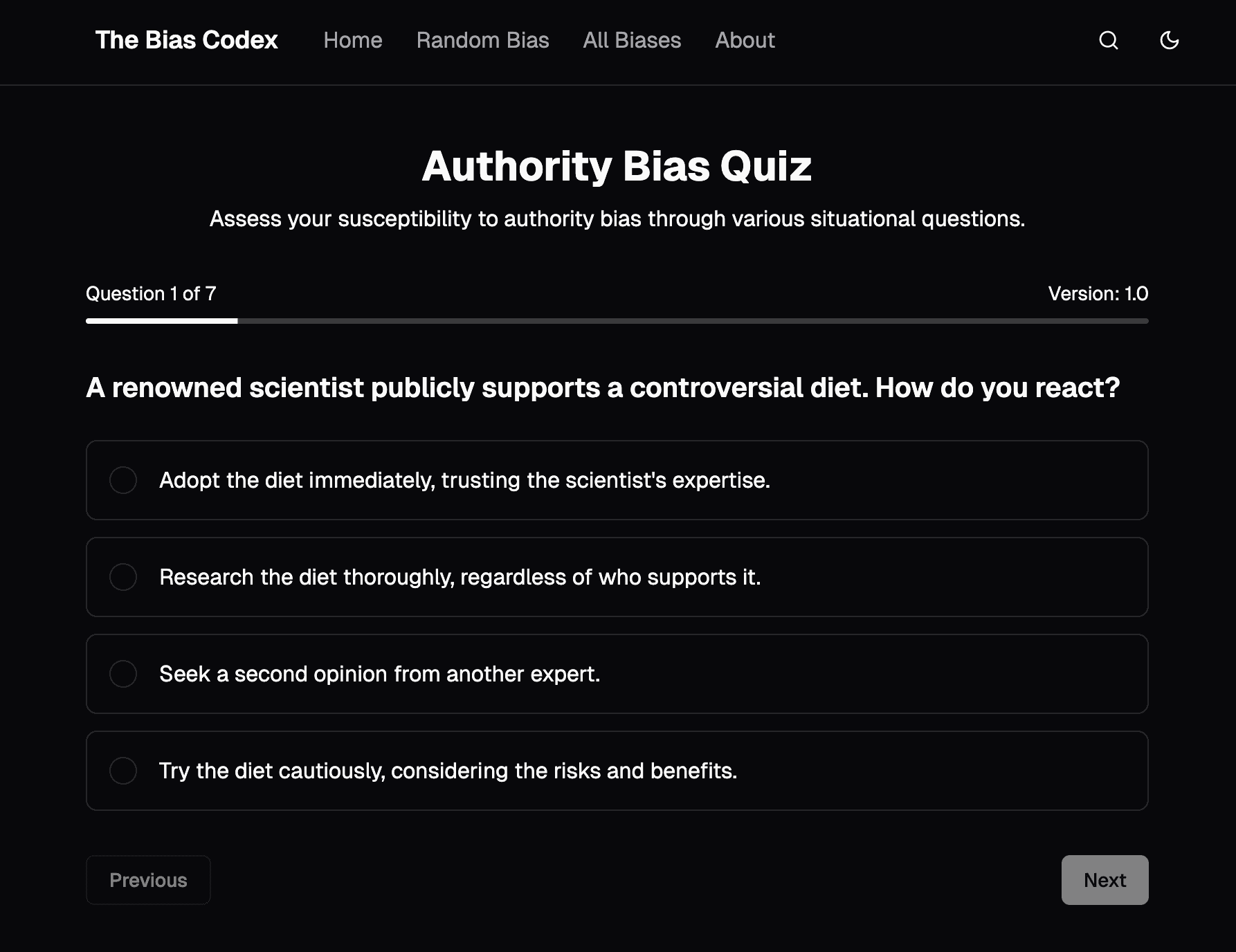 Screenshot of a Bias Codex self-assessment quiz
