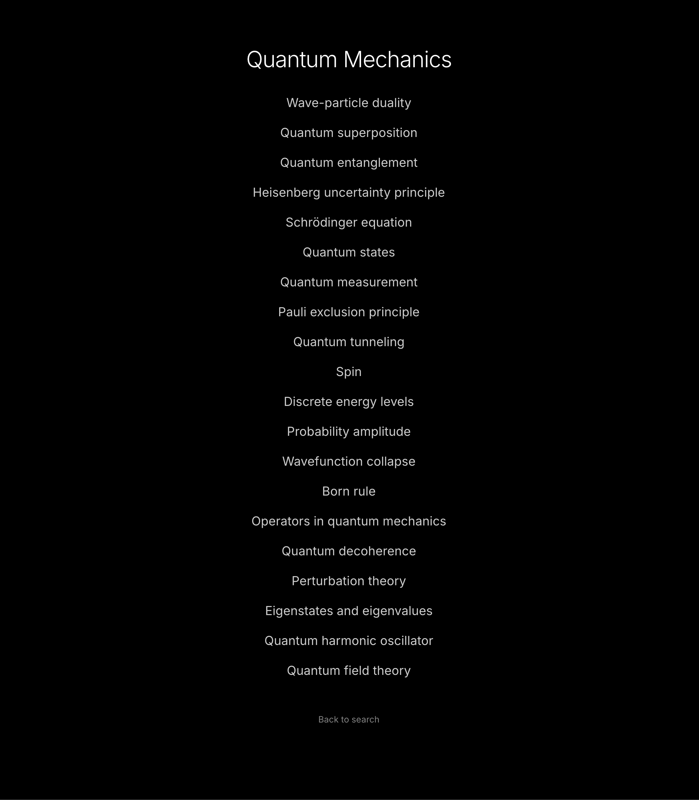 Concepts interface showing quantum mechanics topics and concepts