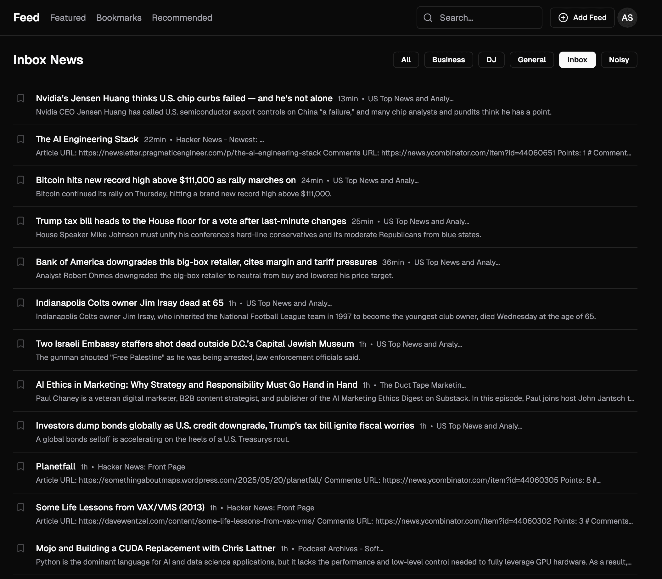 Screenshot of Feed's unified interface showing multiple content sources