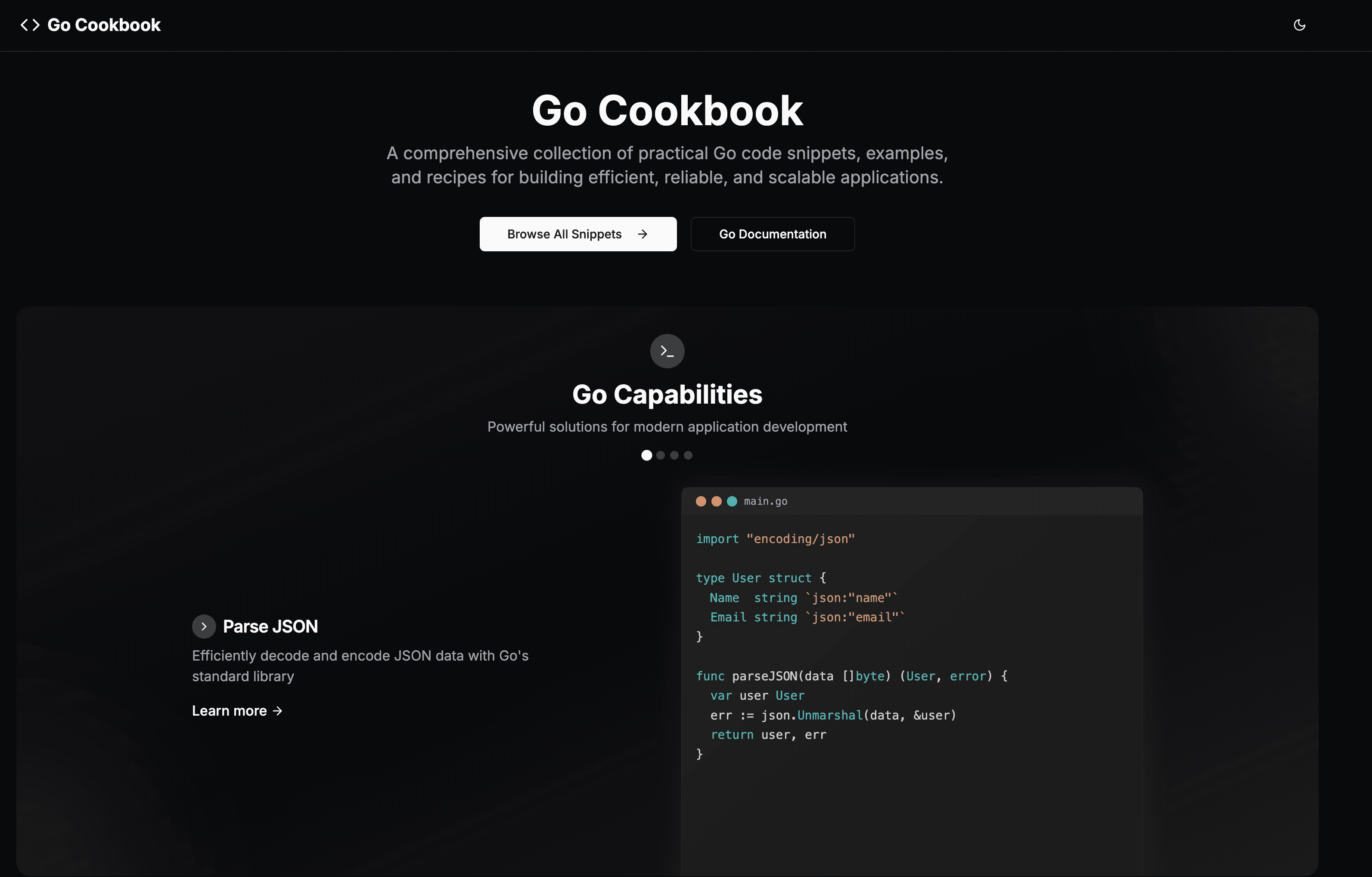 Go Cookbook website screenshot