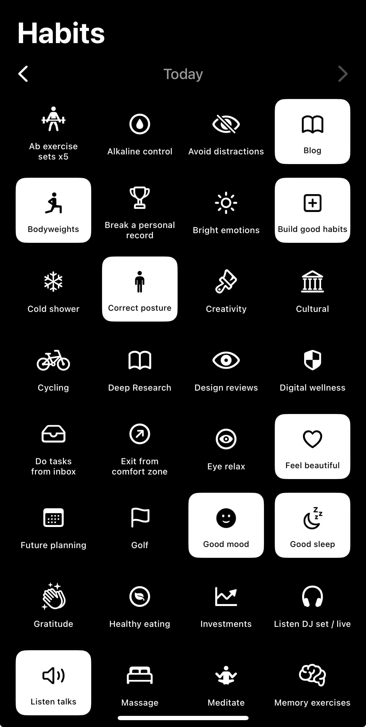 Screenshot of Habits application showing habit tracking interface with daily activities and progress visualization