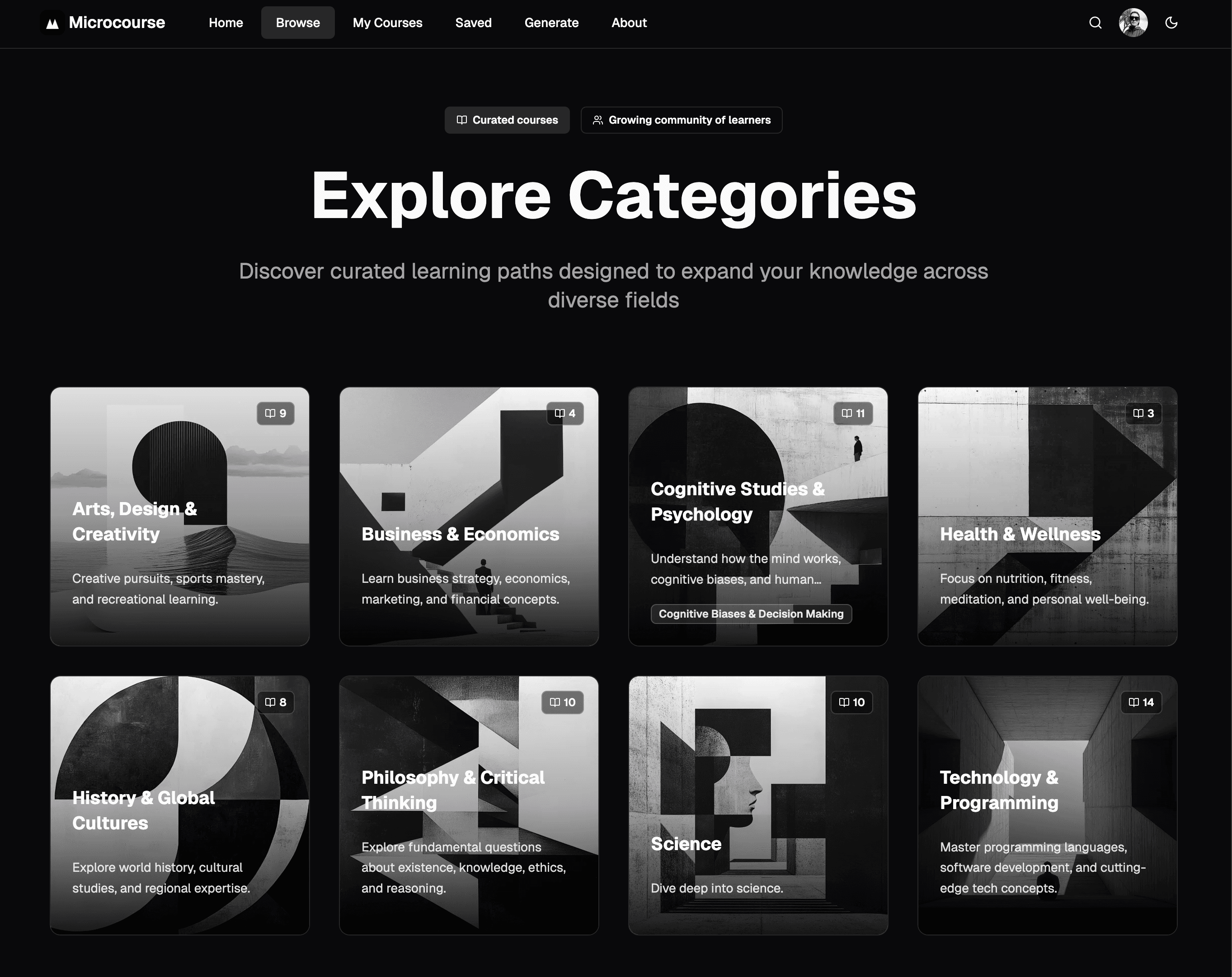 Screenshot of Microcourse browse page showing curated learning categories