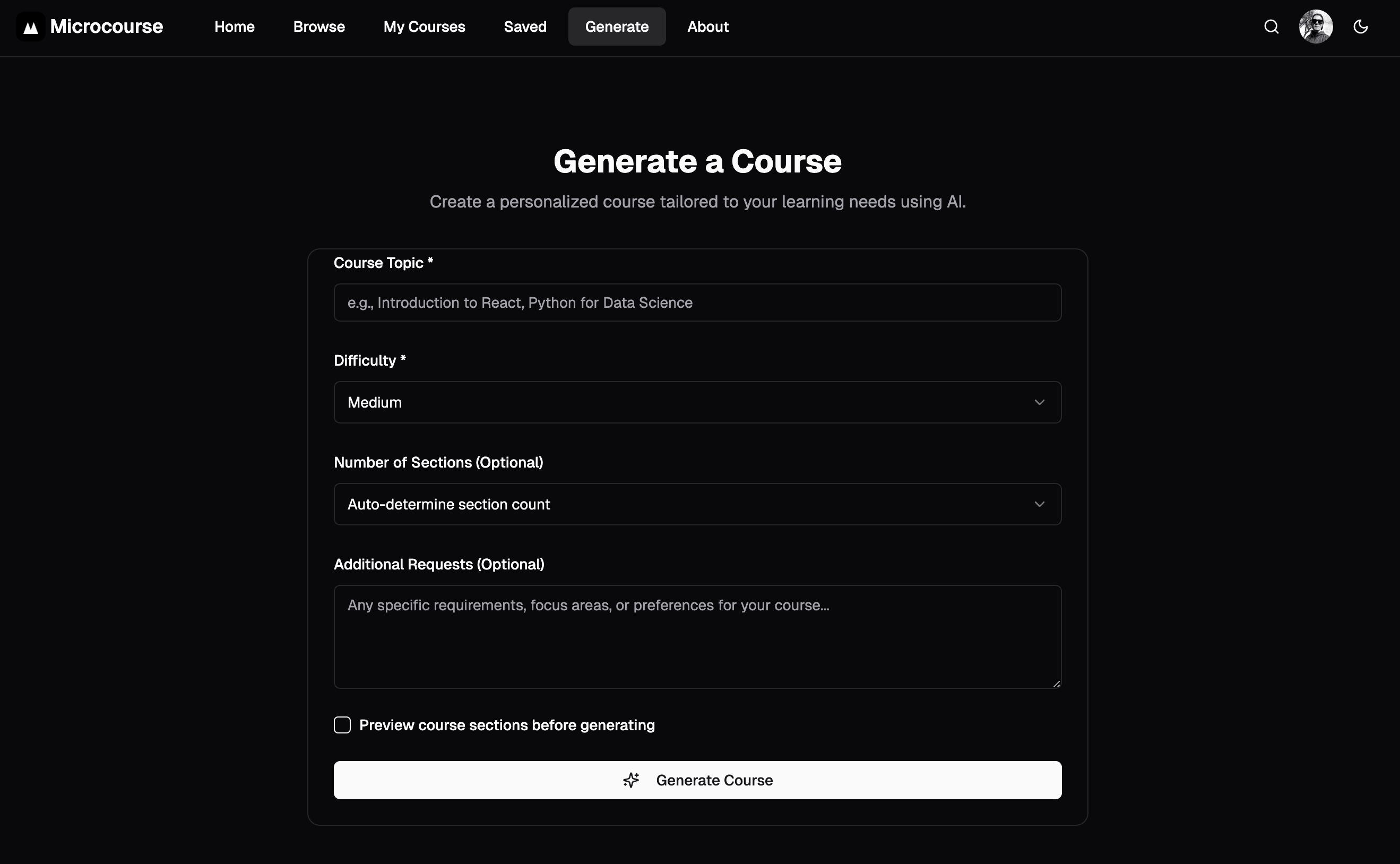 Screenshot of Microcourse AI course generation interface
