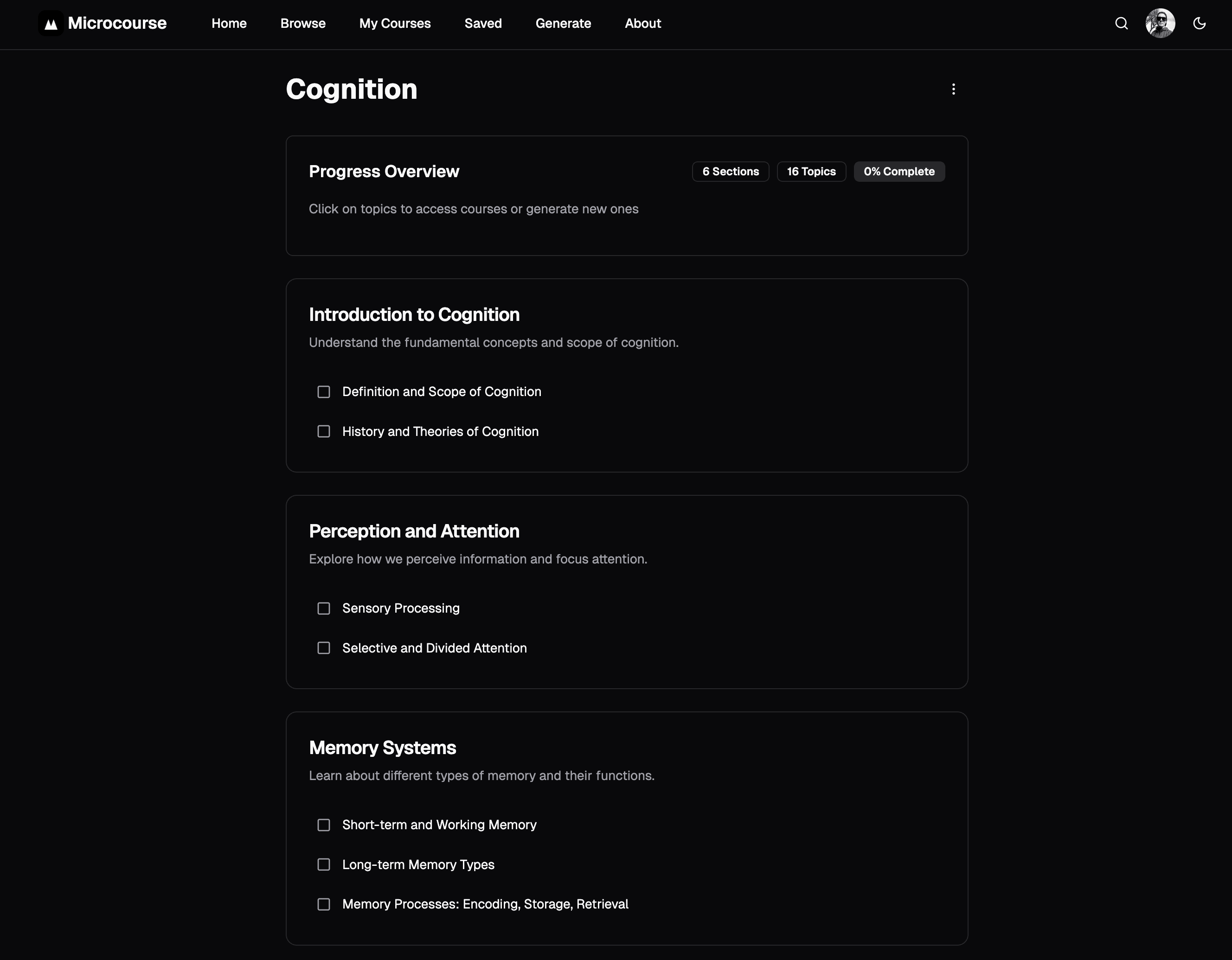 Screenshot of Microcourse learning plans with structured topic organization