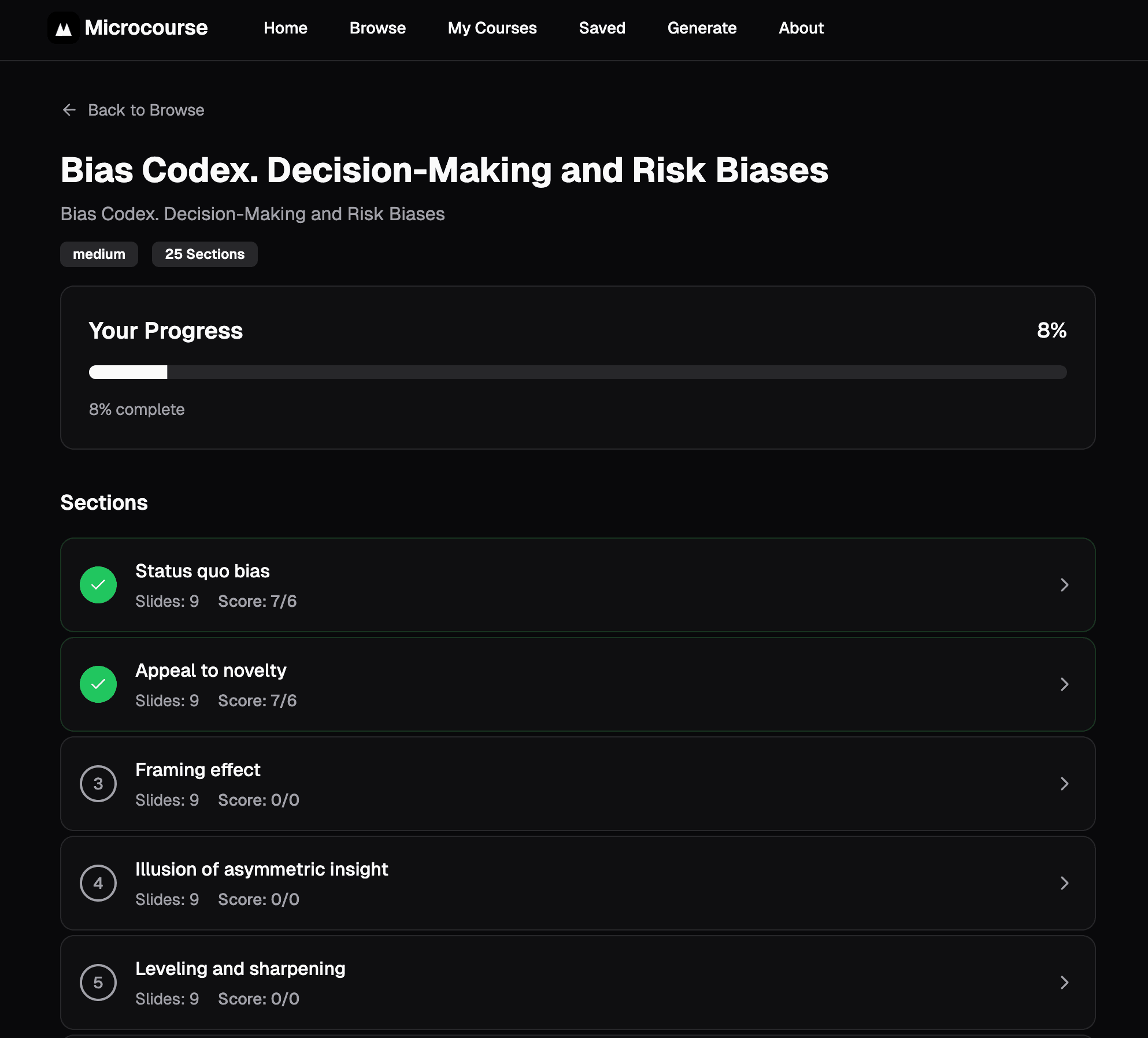 Screenshot of Microcourse progress tracking with completion statistics