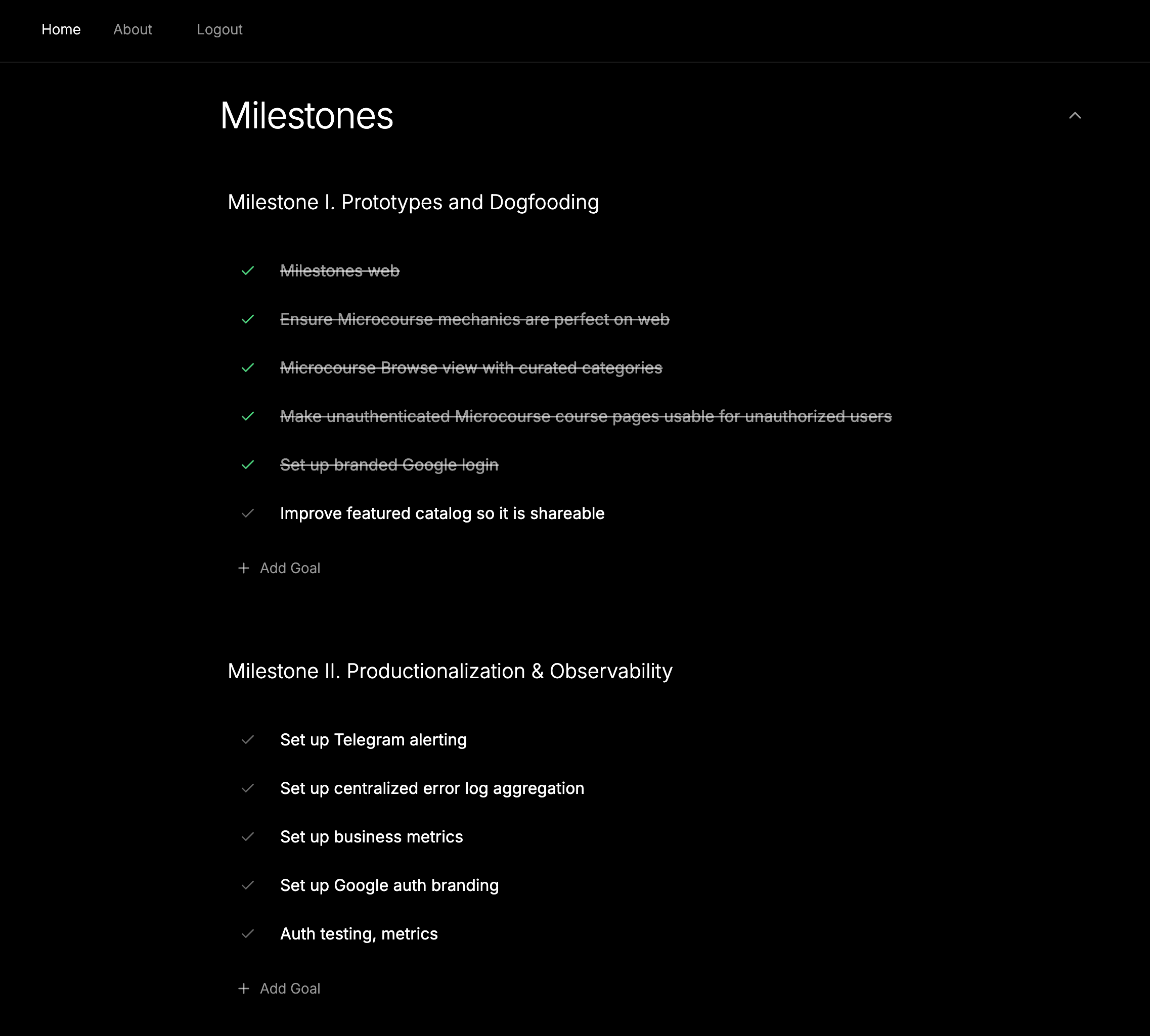 Screenshot of Milestones application showing organized goal tracking with milestones and individual goals