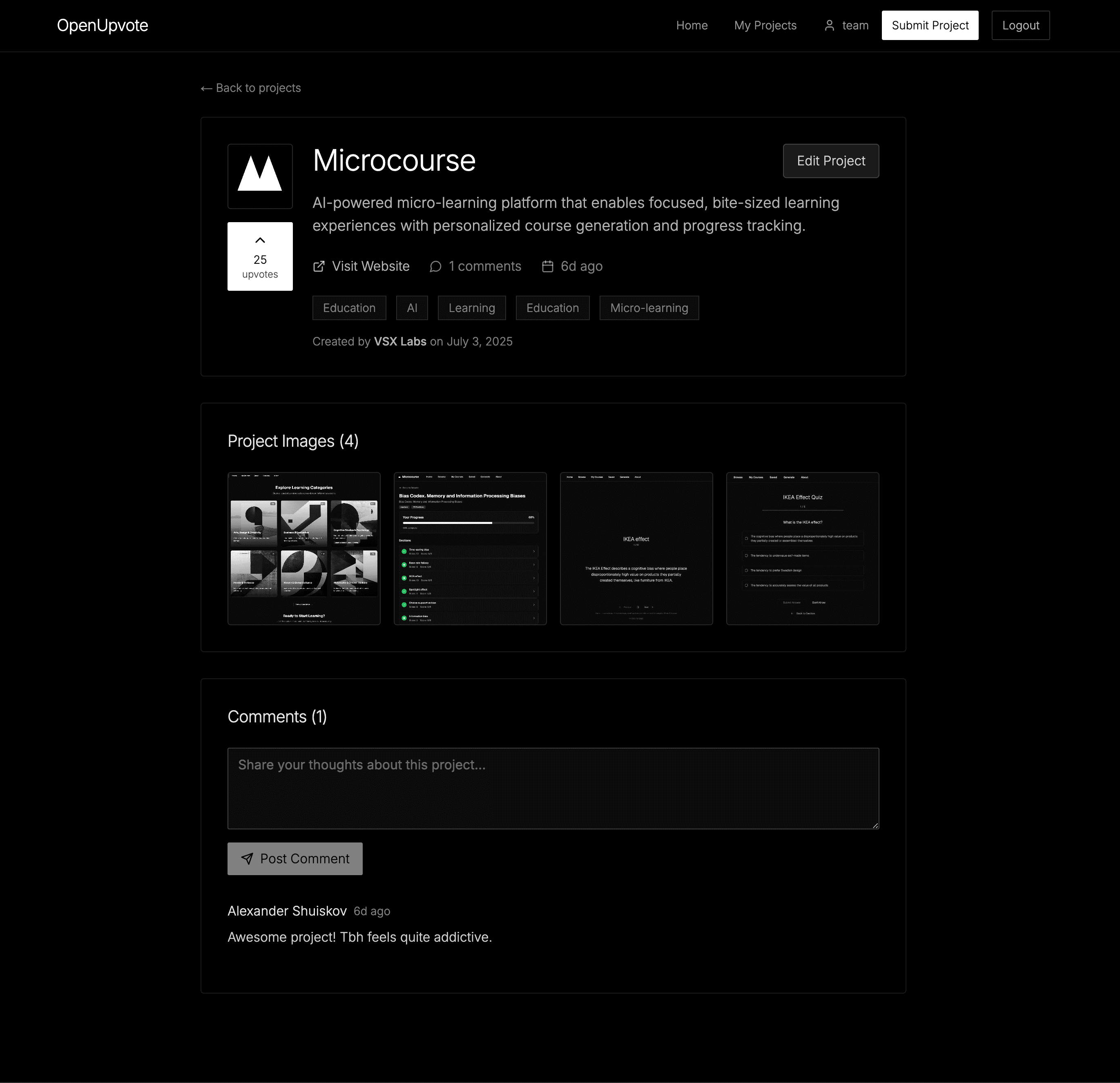OpenUpvote project page showing detailed product information, comments, and voting
