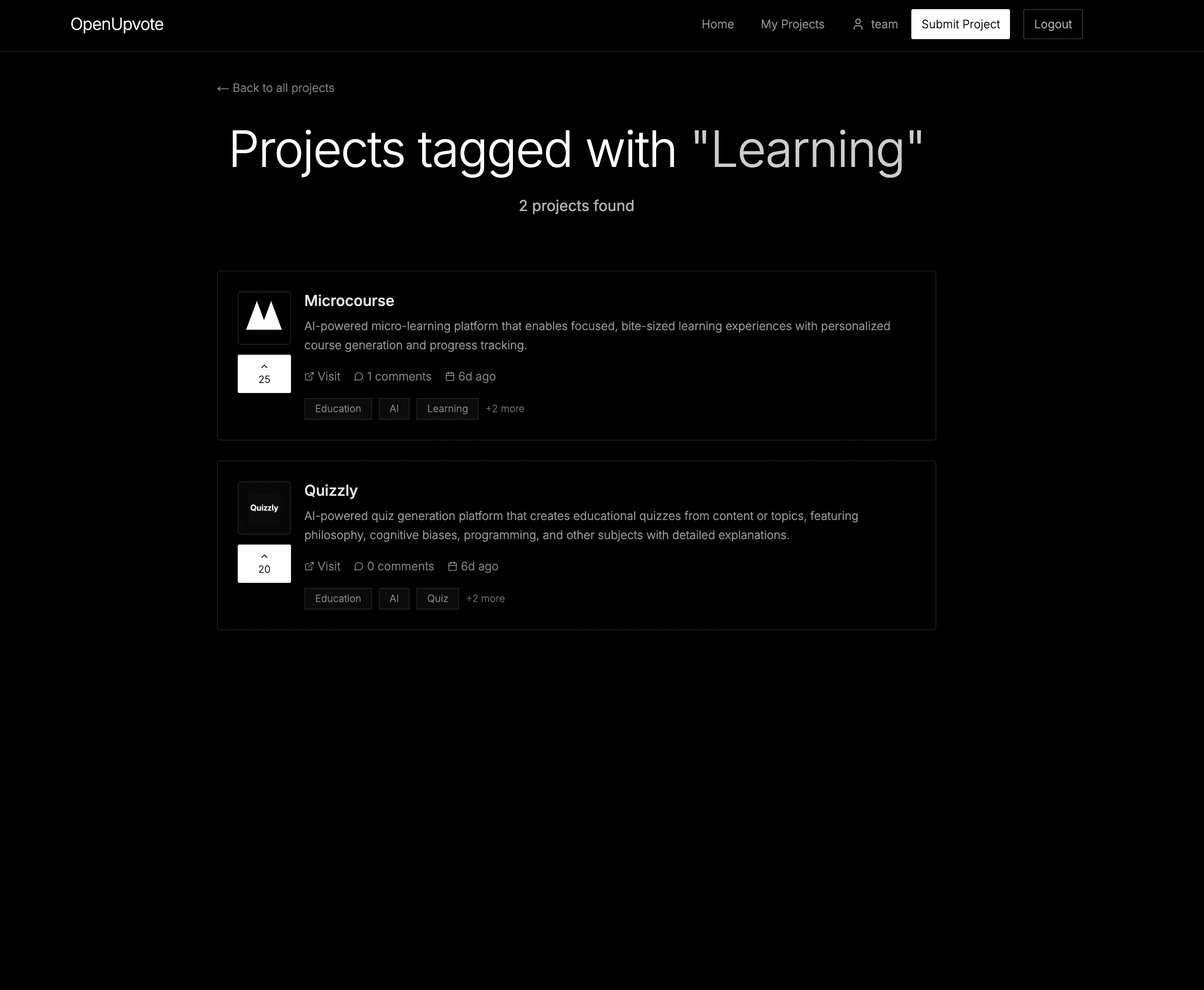 OpenUpvote tag browsing showing projects filtered by learning category