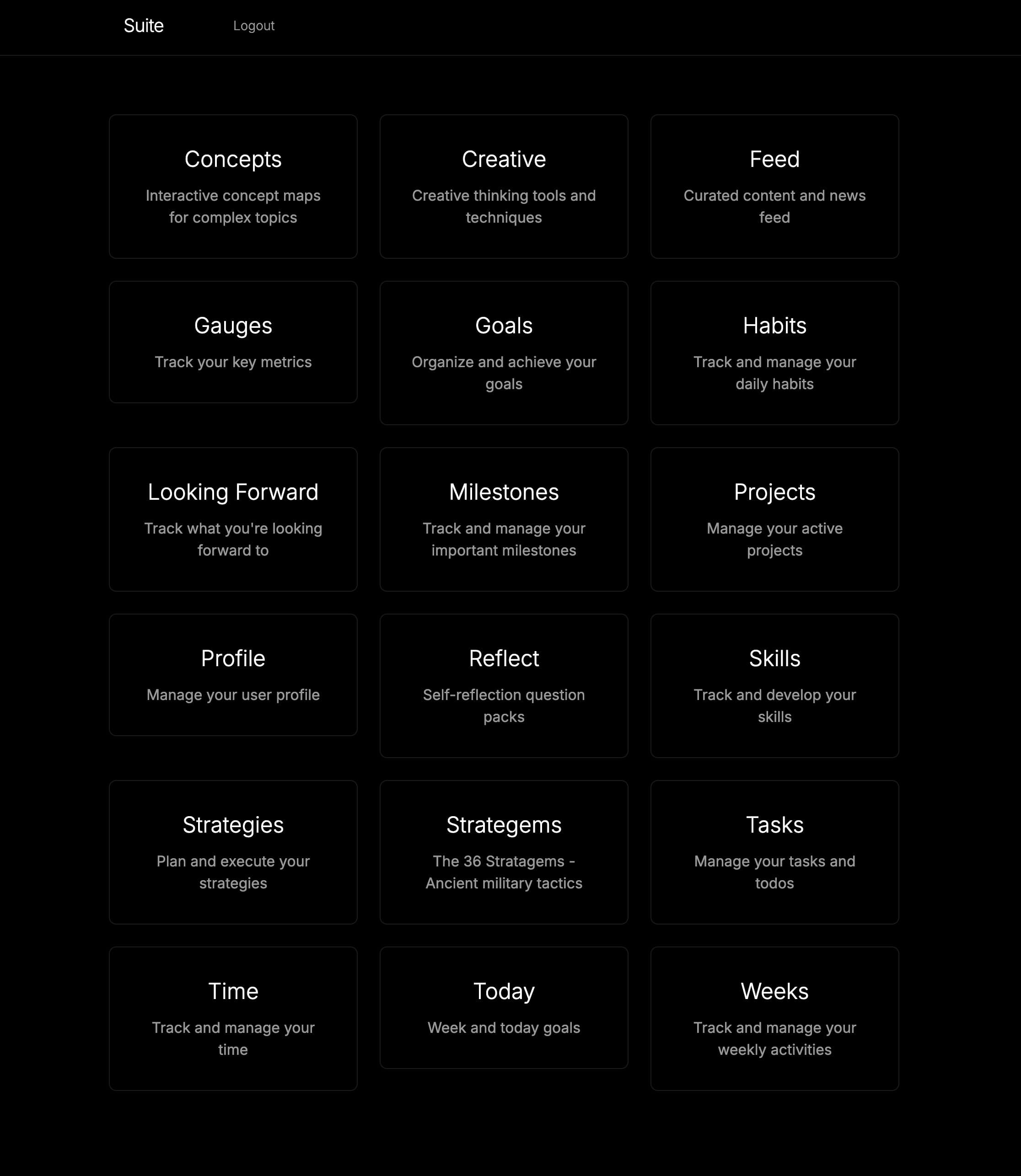 Screenshot of Suite application dashboard showing various productivity modules including Goals, Habits, Tasks, Projects, and more