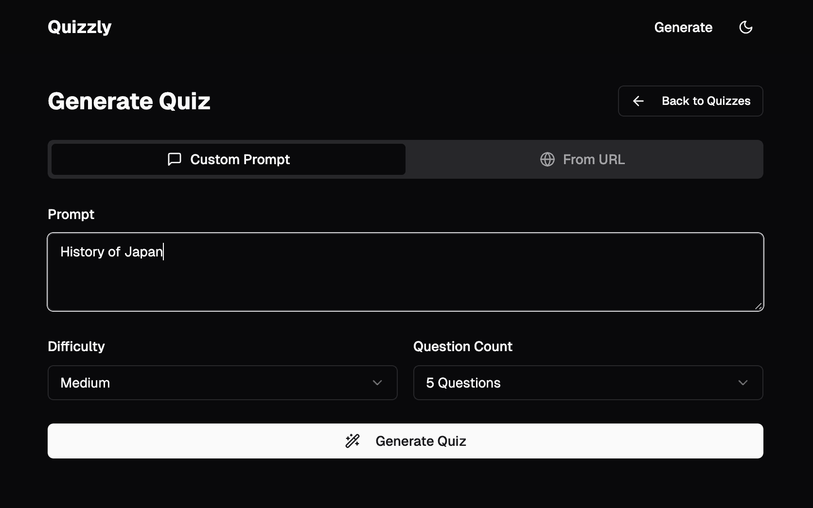 Screenshot of Quizzly's custom topic generation interface